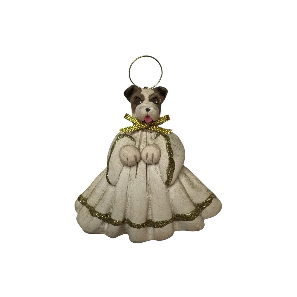 2 Vintage Cecile Baird Dog Papillon Boxer Angel Christmas Clay Ornament 1990s